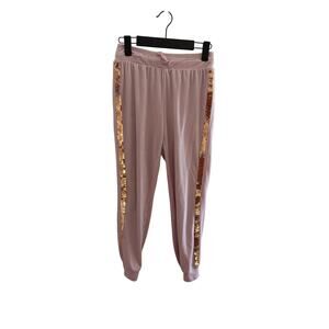 More Than Magic Girls L 10-12 Pale Pink Velour Jogger Pants Gold Sequin Stripe